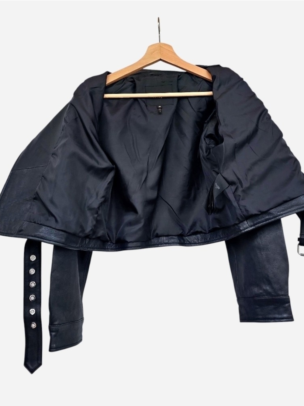 New Maje Besley Black Leather Biker Moto Jacket, Cropped Belted, FR 40/US 8 - Picture 6 of 15